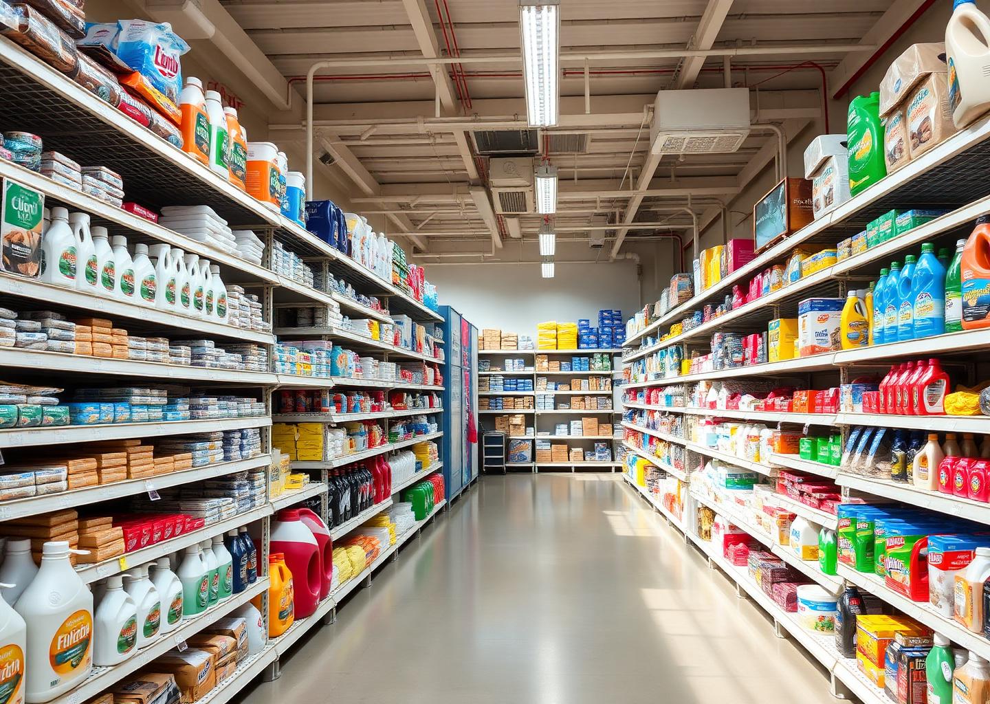 Interior organizado da loja tem, também! com prateleiras de embalagens, produtos de limpeza e utilidades